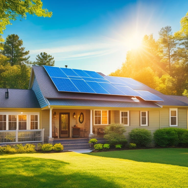 A sunlit suburban home with solar panels on the roof, surrounded by lush green trees, a clear blue sky, and dollar signs subtly integrated into the sun's rays.