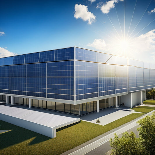 A photorealistic image depicting a modern office building with sleek, silver solar panels installed on the rooftop, reflecting a bright blue sky with fluffy white clouds.