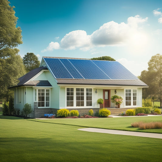 A serene suburban home with a sloping roof, partially covered by a sleek solar panel array, amidst a lush green lawn, under a bright blue sky with a few wispy clouds.