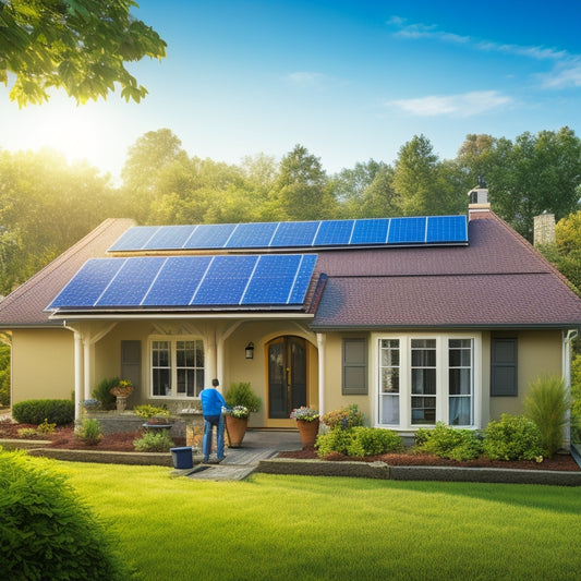 A serene suburban home with a mix of blue and brown roof tiles, surrounded by lush greenery, with a technician in a yellow vest installing solar panels on the roof.