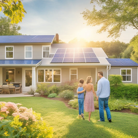 A sunlit suburban home with solar panels on the roof, surrounded by lush greenery. A family happily inspects their energy-efficient garden, while a glowing sun casts warm rays over the scene, symbolizing sustainability.