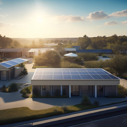 A serene landscape with a commercial building in the background, featuring a roof covered in solar panels, with a faint contract or agreement paper in the foreground, surrounded by tiny suns and miniature buildings.