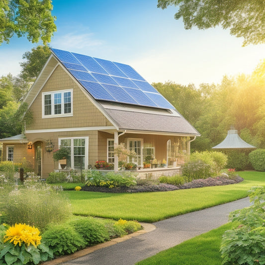 A cozy suburban home with solar panels on the roof, a small wind turbine in the yard, and a vibrant vegetable garden, bathed in warm sunlight and surrounded by lush greenery, symbolizing sustainable living.