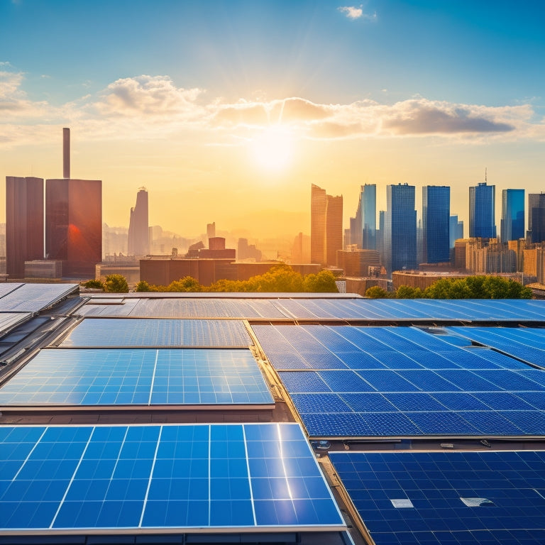 A bright blue sunny day with a modern commercial building in the foreground, its roof covered in sleek black solar panels, juxtaposed against a hazy polluted cityscape in the background.