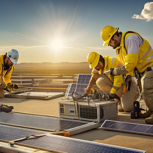 A split scene showing a DIY enthusiast installing solar panels on a rooftop with tools and plans scattered around, contrasted with a professional team in uniforms methodically setting up solar panels with equipment and safety gear.