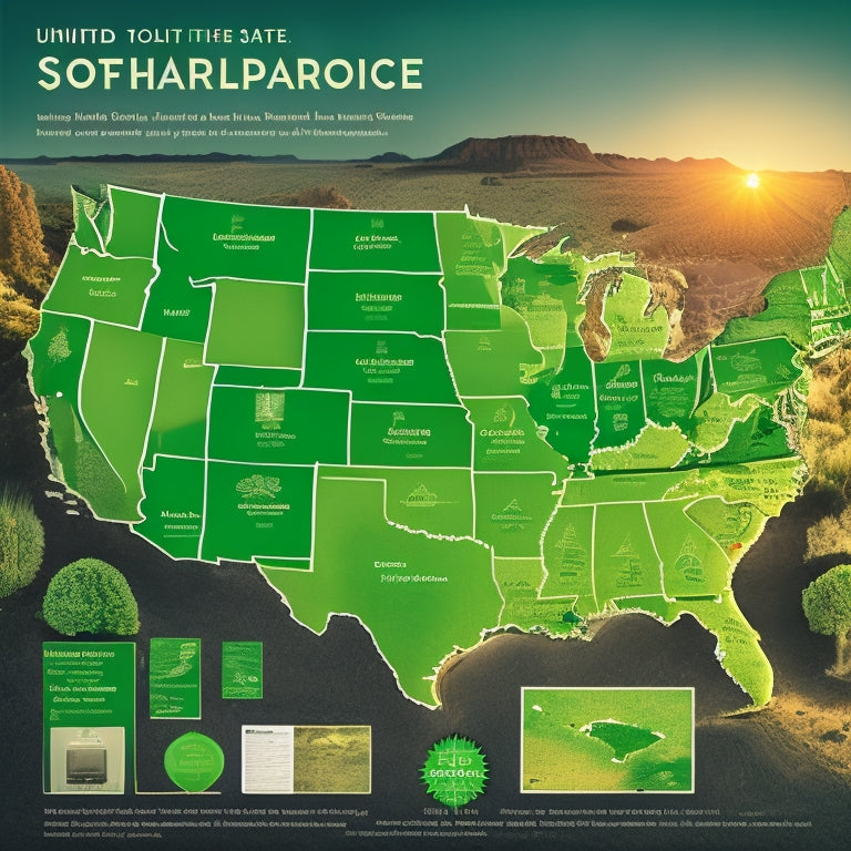 A vibrant map of the United States, each state illuminated in varying shades of green, depicting solar panels and sun icons, with dollar signs subtly integrated, showcasing diverse solar rebate programs across the country.