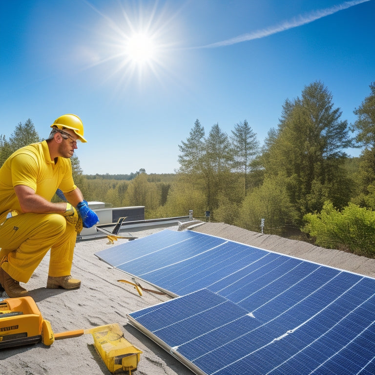 A sunny backyard with a person in a yellow hard hat and gloves, holding a solar panel, surrounded by tools and materials, with a partially installed solar array on the roof in the background.