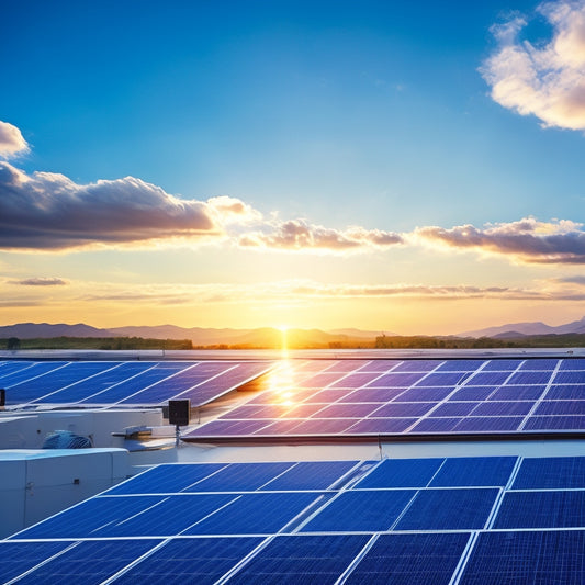 A futuristic rooftop with 7 sleek, high-efficiency solar panels of varying sizes, angled to maximize sunlight absorption, set against a bright blue sky with a few wispy white clouds.