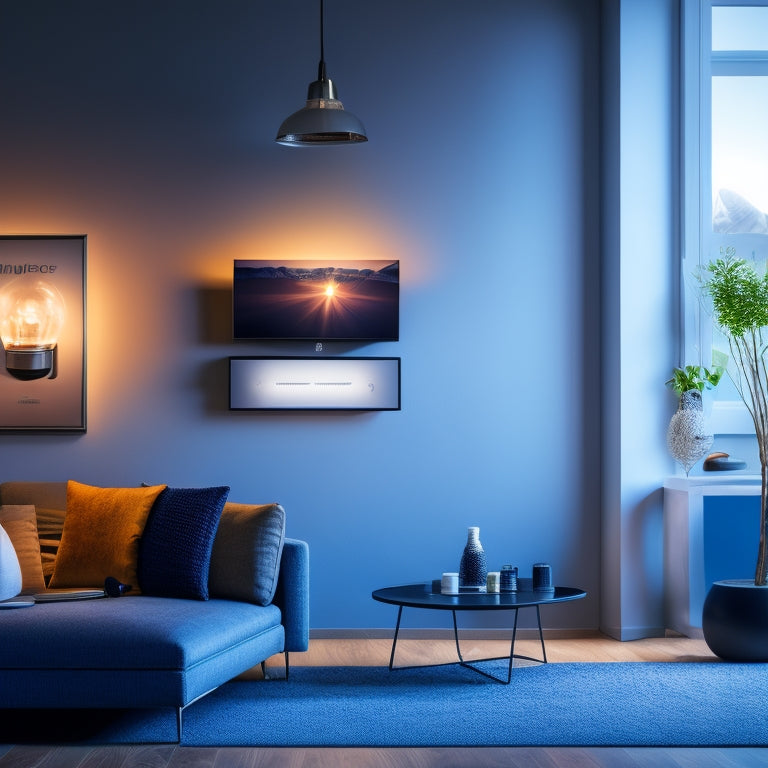 A modern living room showcasing smart energy devices: a sleek thermostat, automated blinds, and smart light bulbs, with a digital energy usage dashboard glowing softly on a wall, all bathed in warm, inviting lighting.