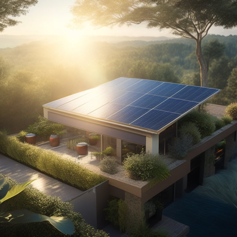 An illustration of a rooftop with optimally angled solar panels, surrounded by lush greenery, with a subtle sunbeam highlighting a single panel's gleaming surface, showcasing efficient energy harnessing.