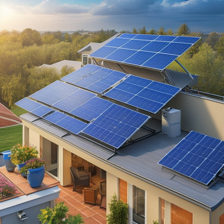 An illustration of a residential rooftop featuring a solar panel array, inverter, charge controller, battery bank, and electrical panel, with wires and conduits connecting each component.