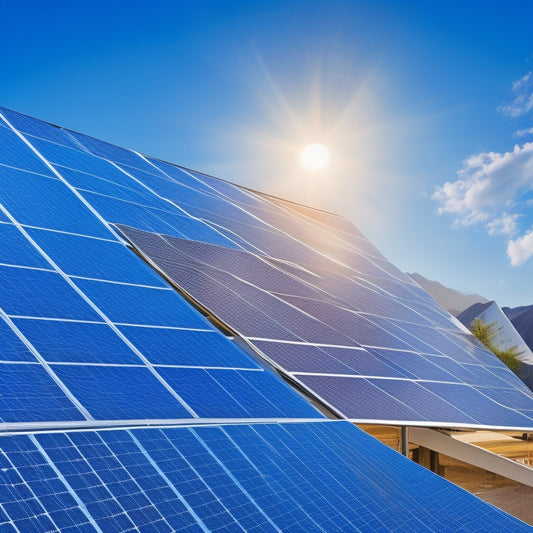 A split-screen image: a graph with a downward-trending line, surrounded by miniature solar panels and coins, against a bright blue sky; a contrasting dark blue background with a single, large solar panel installation on a rooftop.