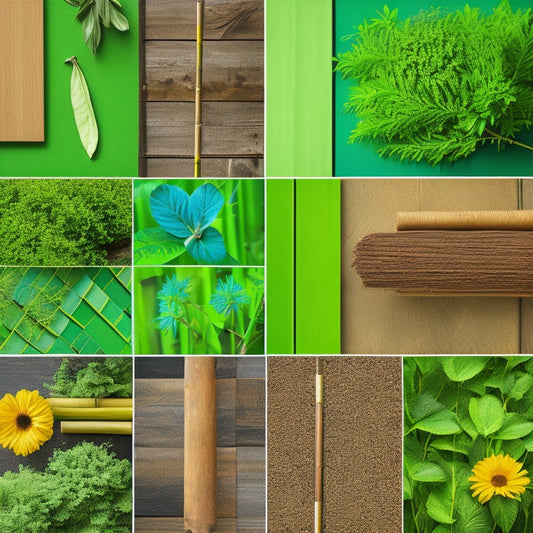 A vibrant collage of eco-friendly building materials: bamboo flooring, recycled steel beams, reclaimed wood planks, hemp insulation, and solar panels, all arranged on a lush green background with nature elements like leaves and flowers.