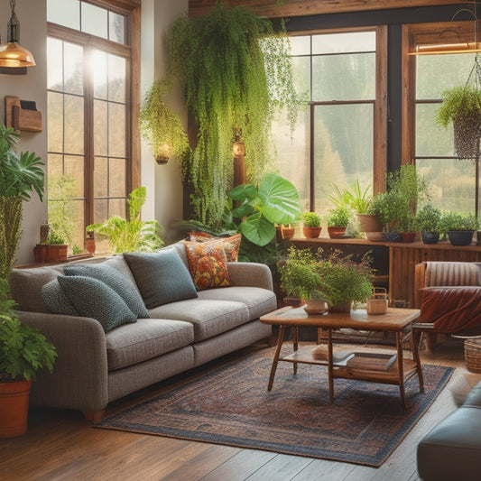 A cozy living room featuring reclaimed wood furniture, energy-efficient LED lighting, potted indoor plants, and a solar panel in the window, creating a warm and inviting atmosphere that showcases sustainable home upgrades.