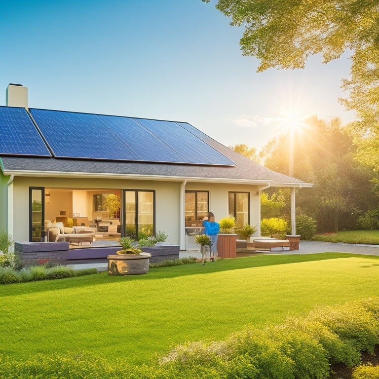 A modern suburban home with gleaming solar panels on the roof, sunlight reflecting off them, surrounded by lush green landscaping, a clear blue sky, and a family enjoying the outdoors in the yard.