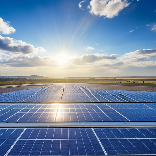A photorealistic image of a sprawling industrial rooftop with rows of sleek, black high-efficiency solar panels, angled at 30 degrees, reflecting a clear blue sky with a few wispy clouds.