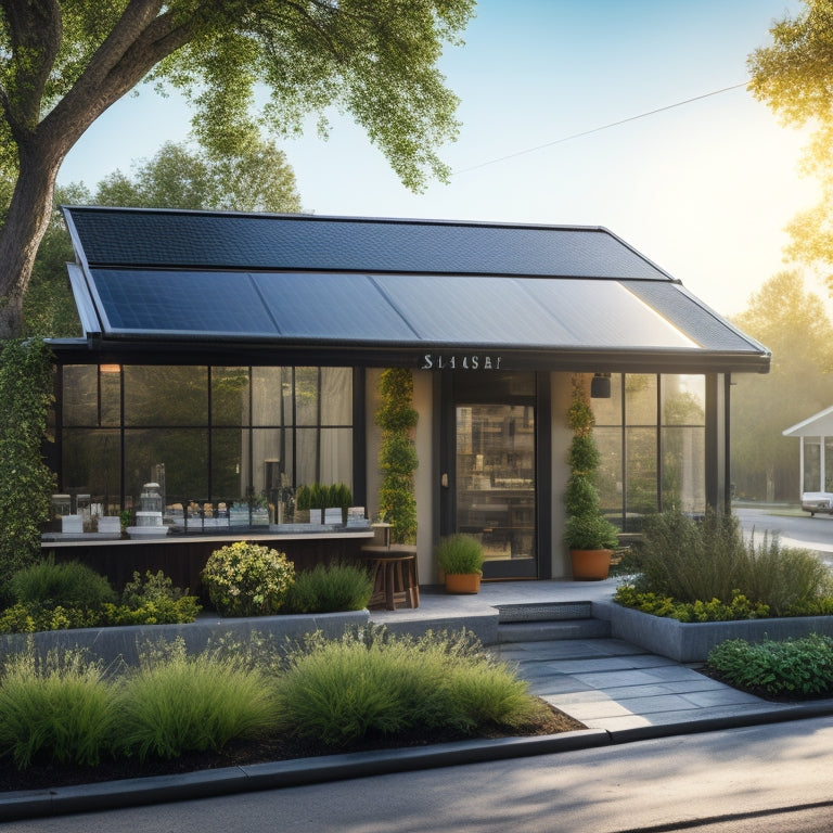 A serene landscape featuring a small business storefront with solar panels on the roof, surrounded by lush greenery, with a subtle sun shining down, conveying a sense of sustainability and eco-friendliness.