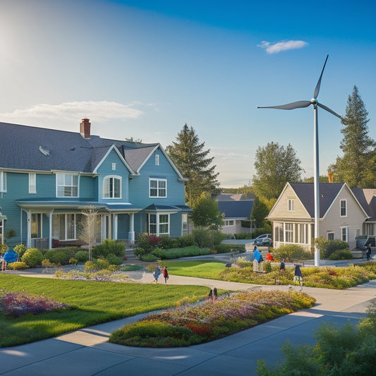 A vibrant neighborhood scene with solar panels on rooftops, lush community gardens, energy-efficient homes, electric vehicle charging stations, and children playing near a wind turbine, surrounded by greenery and blue skies.