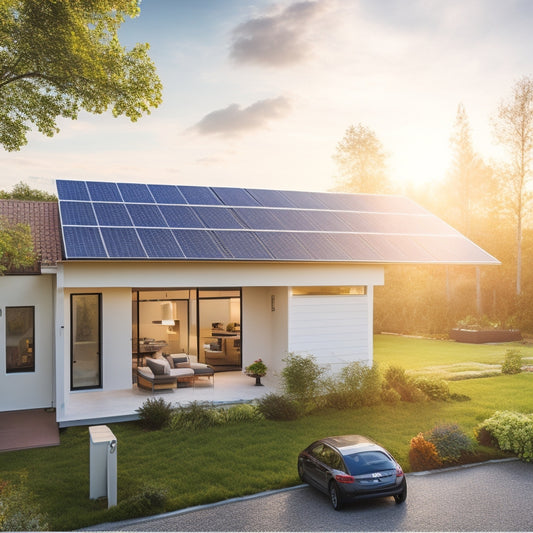 A modern home with solar panels on the roof, bathed in sunlight; an electrician installing panels; lush greenery around; a close-up of a smart energy meter and a battery storage unit in the garage.