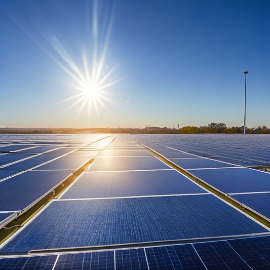 A high-resolution image of sleek commercial-grade solar panels installed on a modern industrial rooftop, with a clear blue sky and the sun shining brightly, casting realistic shadows and reflections.