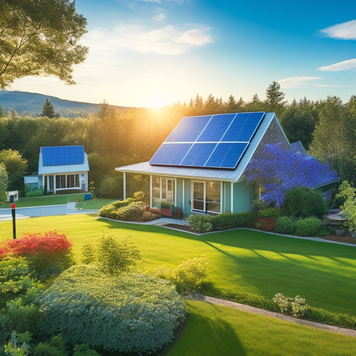 A serene suburban landscape showcasing solar panels on rooftops, a small wind turbine in a garden, and a geothermal heating system, surrounded by lush greenery and a bright blue sky, symbolizing sustainable living.