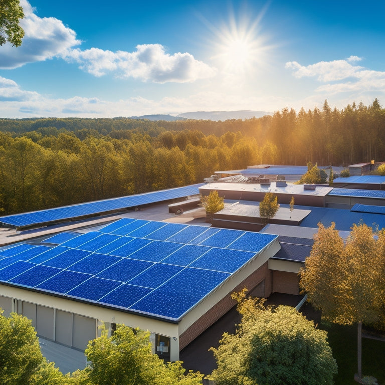 A sprawling suburban rooftop with multiple rows of sleek, black solar panels, partially obscured by a few tall trees, amidst a sunny blue sky with fluffy white clouds.