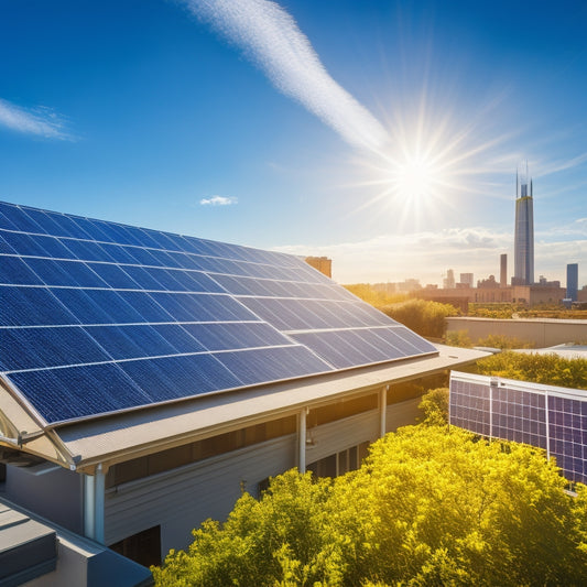 A sunny day scene with a commercial building rooftop covered in solar panels, with a large digital display in the foreground showcasing a rising graph and percentage signs, surrounded by greenery and a bright blue sky.