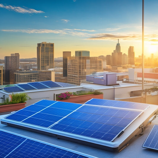 An illustration of a commercial rooftop with installed solar panels, a subtle cityscape in the background, and a tablet or smartphone screen displaying a dashboard with real-time energy output and performance metrics.