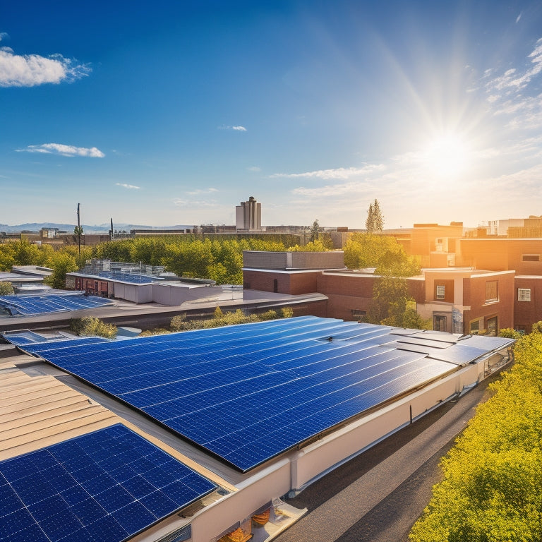 A vibrant rooftop adorned with solar panels under a bright blue sky, surrounded by small business buildings, lush greenery, and a sun shining down, highlighting the benefits of renewable energy in a bustling, eco-friendly community.