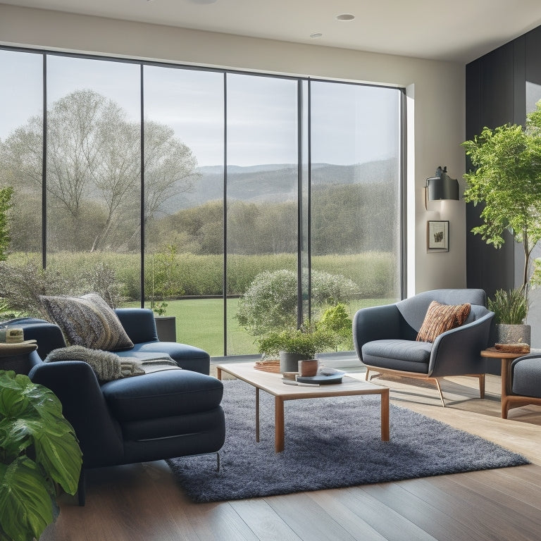 A sleek, modern living room featuring solar panels, smart thermostats, energy-efficient appliances, and lush indoor plants, with large windows showcasing a bright, green landscape outside, emphasizing harmony between technology and nature.