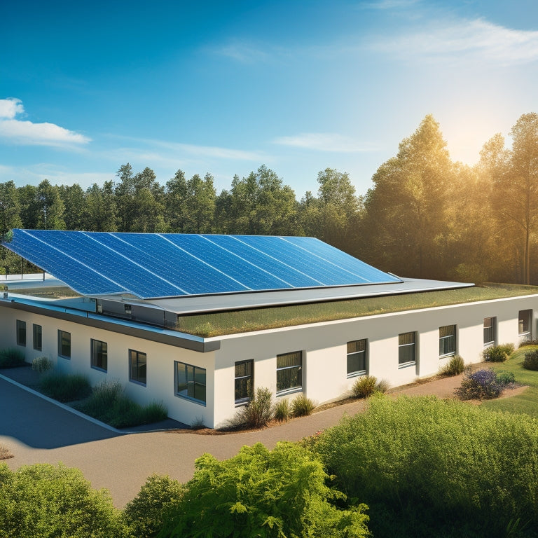 An illustration of a modern commercial building with rooftop solar panels, a battery bank in the basement, and a smart grid system connecting them, amidst a bright blue sky and lush greenery.