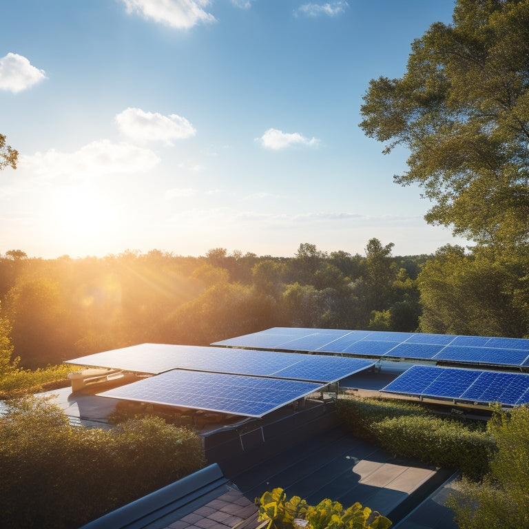 A serene rooftop with 5-7 sleek, high-efficiency solar panels in a staggered arrangement, set against a bright blue sky with a few wispy clouds, surrounded by lush green trees.