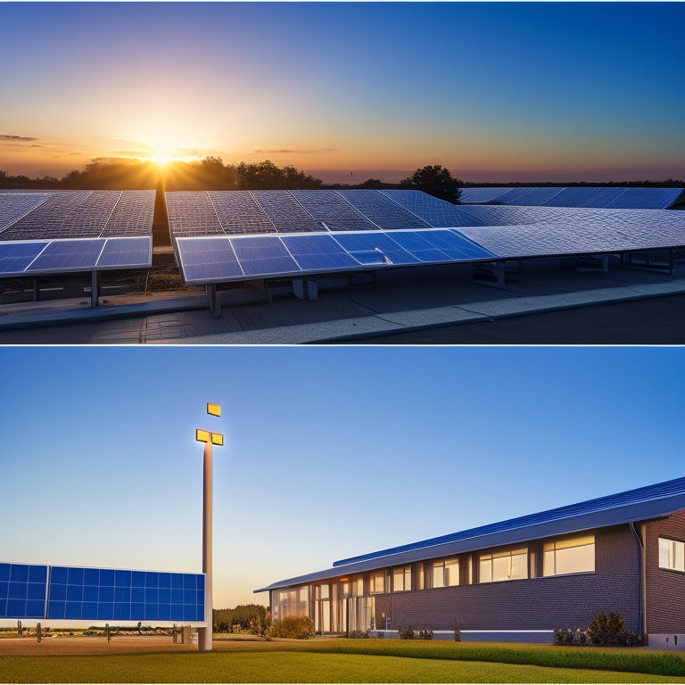 A split-screen illustration: a commercial building with solar panels on the roof, surrounded by a bright sunny sky, versus the same building at dusk with a battery storage system in the foreground, lit up with a soft blue glow.