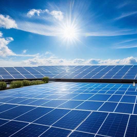 A bright blue sky with a few white, puffy clouds serves as the backdrop for a sleek, modern rooftop covered in a grid of shiny, black solar panels, with a subtle glow effect.