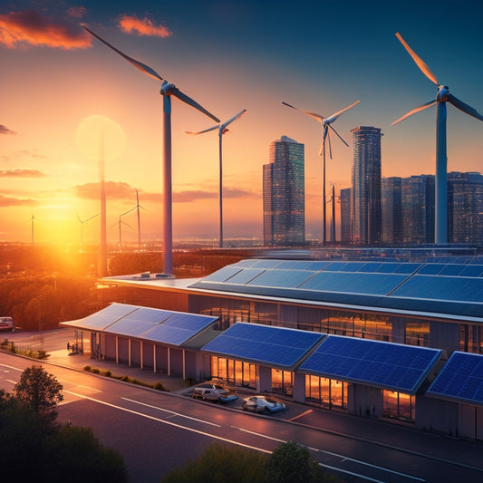 A stylized illustration of a commercial building with glowing green lights and energy-efficient features, such as solar panels and wind turbines, surrounded by a subtle cityscape at sunset.