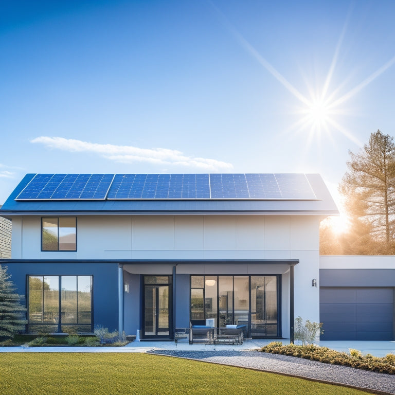 A serene, modern suburban home with a slight angle, showcasing a rooftop covered in sleek, black solar panels, amidst a bright blue sky with a few wispy clouds.