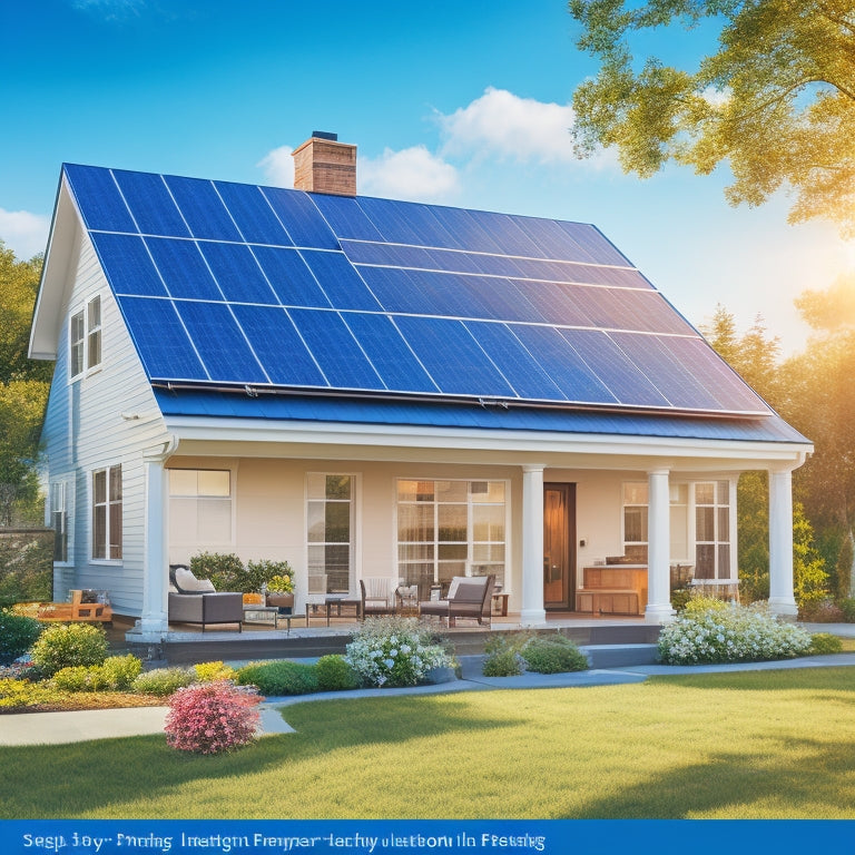 A cozy suburban home with a well-maintained garden, featuring sleek, modern solar panels being installed on the roof under a clear blue sky; online shopping elements subtly integrated in the background.