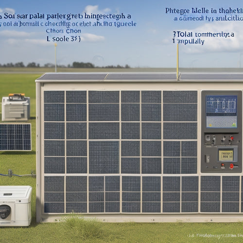 A diagram showing a solar panel array connected to a battery bank, with various gauges and meters displaying voltage, current, and capacity, surrounded by a grid of wires and electrical components.