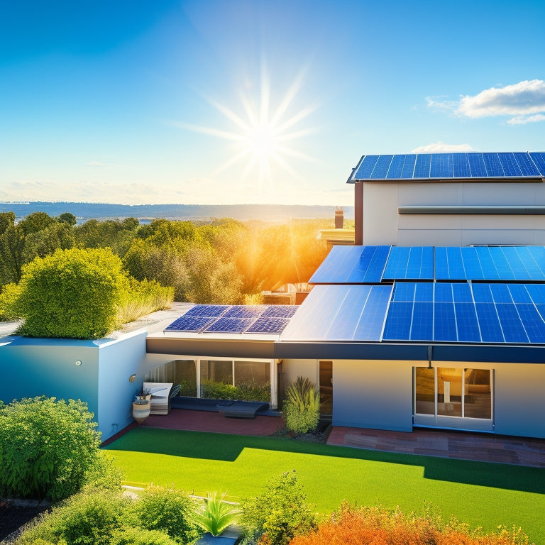 A sunlit rooftop adorned with sleek, high-efficiency solar panels, surrounded by lush greenery, with a bright blue sky overhead and fluffy white clouds, highlighting the modern and eco-friendly aesthetic of sustainable living.