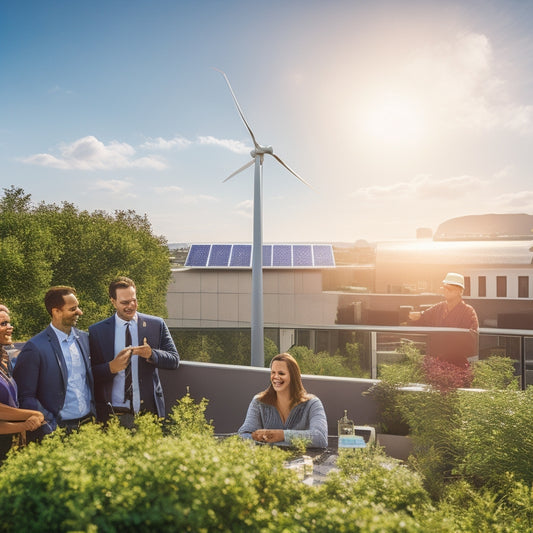 A vibrant solar panel installation on a rooftop, surrounded by lush greenery, alongside a wind turbine in a sunny, blue sky; a diverse group of business people discussing energy solutions with eco-friendly gadgets.