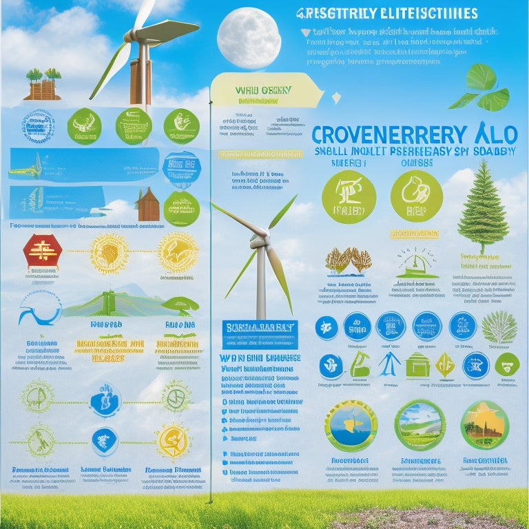 A vibrant infographic showcasing a variety of renewable energy symbols: wind turbines, solar panels, and bioenergy icons, surrounded by green leaves and badges representing certifications, all set against a bright blue sky.