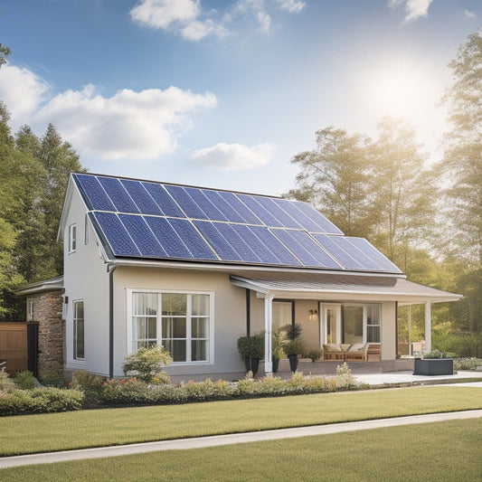 A serene suburban home with solar panels on the roof, showcasing different types of solar inverters displayed beside the house, surrounded by lush greenery and a clear blue sky, emphasizing energy efficiency and sustainability.