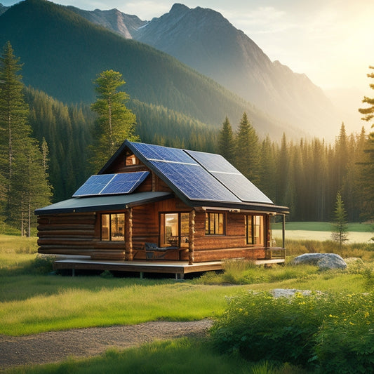 A serene off-grid landscape featuring sleek high-efficiency solar panels atop a rustic cabin, surrounded by lush greenery and mountains, with sunlight reflecting off the panels, emphasizing sustainability and harmony with nature.