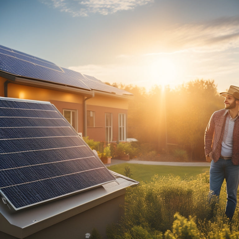A vibrant scene of a small business owner proudly inspecting solar panels on their rooftop, surrounded by lush greenery, with sunlight streaming down, showcasing a thriving community and a bright future powered by renewable energy.