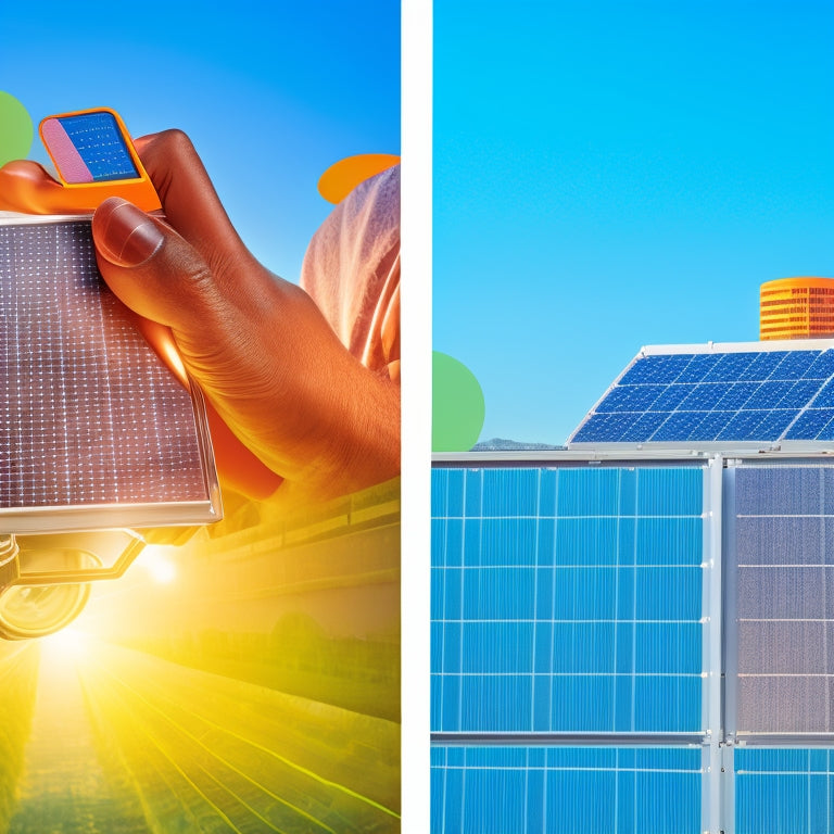 A split-screen image featuring a solar panel installation on a rooftop on one side, and a magnifying glass zooming in on a price tag with a dollar sign on the other, surrounded by subtle grid patterns and circuitry elements.