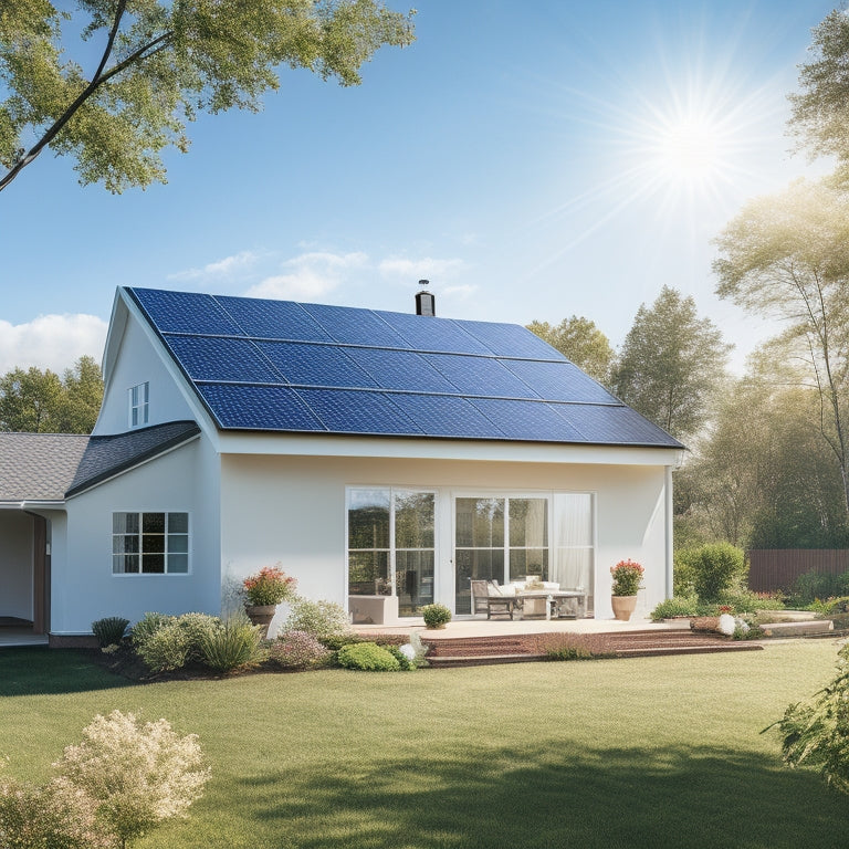 A serene suburban home with a sloping roof, 10 sleek solar panels installed, surrounded by lush greenery, with a bright blue sky and white, puffy clouds in the background.