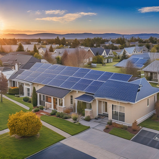 A modern suburban neighborhood with diverse houses, each featuring different types and sizes of solar panels on their rooftops, showcasing varying designs, materials, and installation complexities under a bright, clear sky.