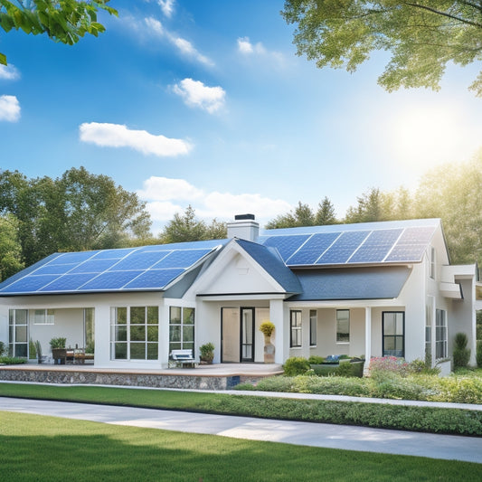 A serene suburban home with a sleek, modern solar panel array on the rooftop, surrounded by lush greenery and a bright blue sky with a few puffy white clouds.
