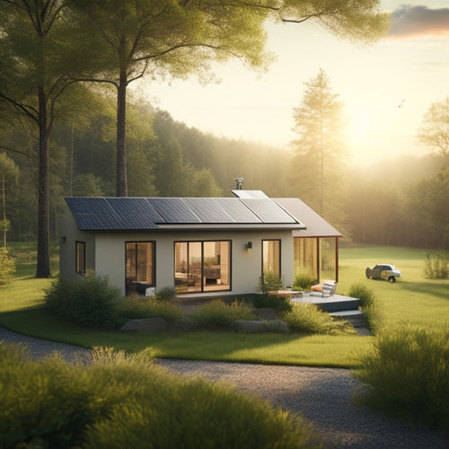 A serene landscape with a small, modern home in the distance, surrounded by lush greenery, with a few solar panels installed on the roof, and a subtle sun shining down.