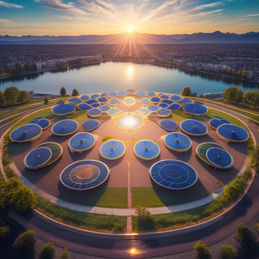 A sunny landscape with 7 identically shaped solar panels, each with a distinct colored glow, arranged in a circular pattern, surrounded by a subtle grid of streets and buildings in the background.